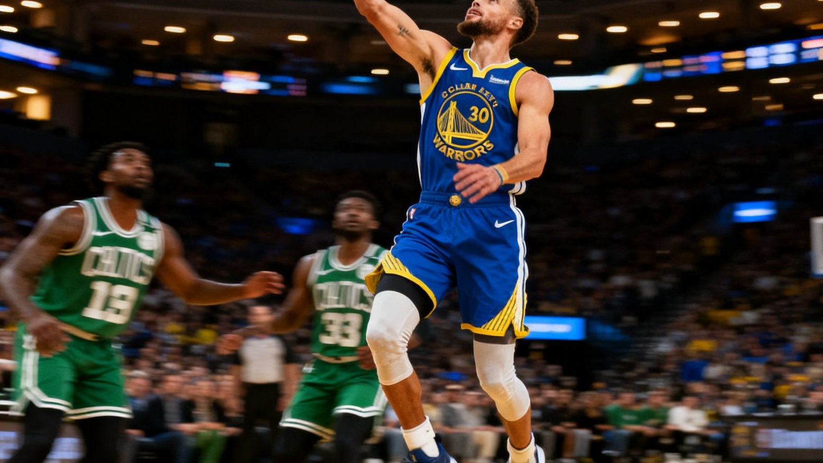 NBA勇士vs凯尔特人，库里超远三分绝杀单进球剪辑